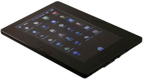 Black Apple iPad shown from front at a slight angle, displaying a grid of app icons on white background.