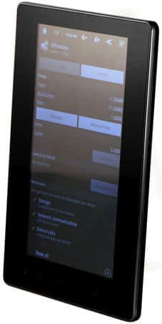 Black tablet, front view, screen on showing app info settings with storage, data usage, and management options. Brand/model not shown.