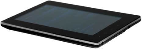Black tablet displayed face up on a white surface; side buttons visible on right edge, screen content not clearly visible.