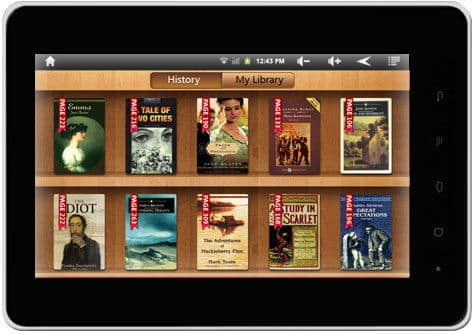 Front view of a tablet showing classic e-books with red "PACKT E-BOOK" banners on the digital bookshelf screen.