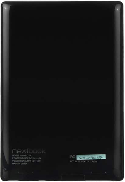 Rear view of Nextbook tablet showing model and serial numbers, regulatory details, and a barcode sticker on the lower right.