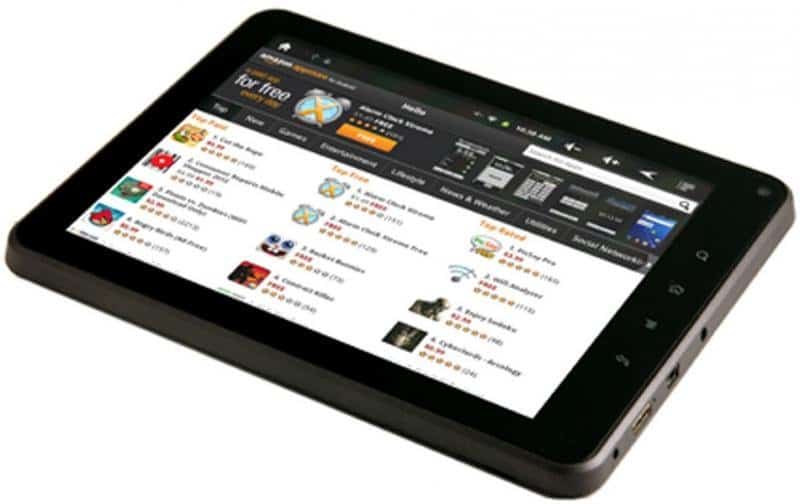 Black tablet, front and left edges visible, displays app store interface with icons, names, ratings. Brand/model not specified.