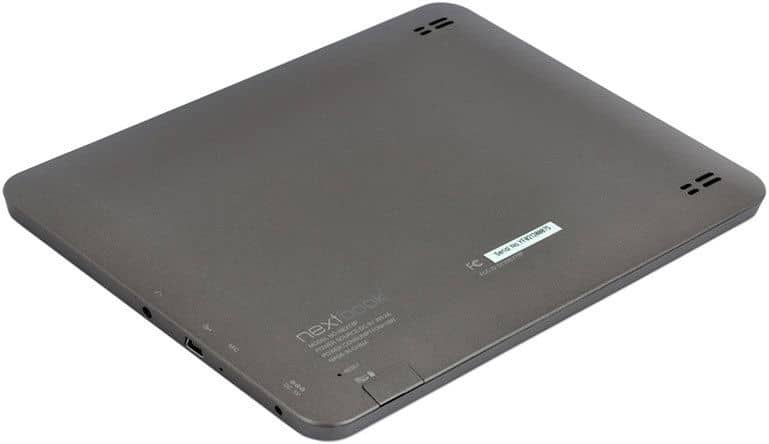 Nexbook tablet rear view showing gray back cover, branding, dual speaker grills, ports, and “Made in China” sticker.