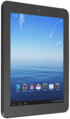 Front view of black Alcatel 575 tablet showing blue sky wallpaper, app icons, and 9:24 AM time on screen.