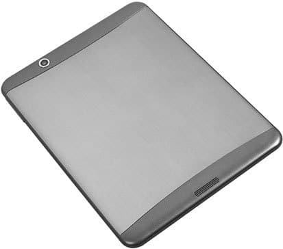 Rear angled view of a silver Apple iPad, highlighting the rear camera, metallic back, and speaker grille near the bottom edge.