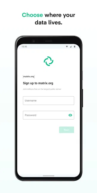Front view of smartphone showing Matrix.org sign-up page with "Choose where your data lives" at the top.