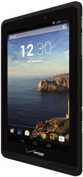 Front view of a black Verizon tablet showing coastal wallpaper, date (Mon, Nov 25), time (12:30), and app icons at bottom.