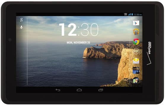 Front view of a black Verizon tablet showing home screen, sea cliffs wallpaper, time 12:30, date, and app icons on the right.