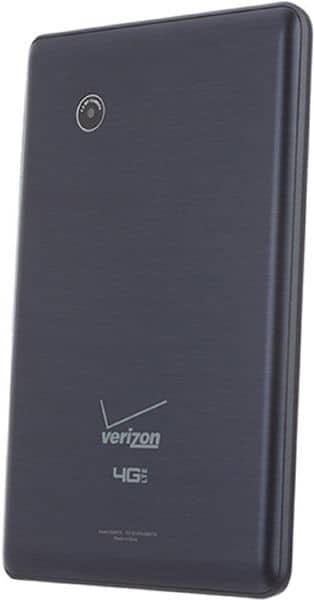 Rear view of a black Verizon tablet showing top-left rear camera, Verizon logo, and "4G LTE" below the logo.