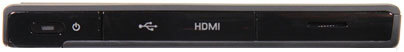 Front panel close-up of tablet showing power button, USB port, HDMI port, and memory card slot; brand/model not specified.