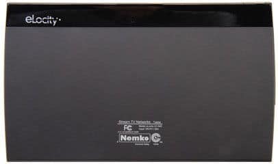 Rear view of eLocity tablet showing brand logo top left and Nemko, FCC certification labels on lower half.