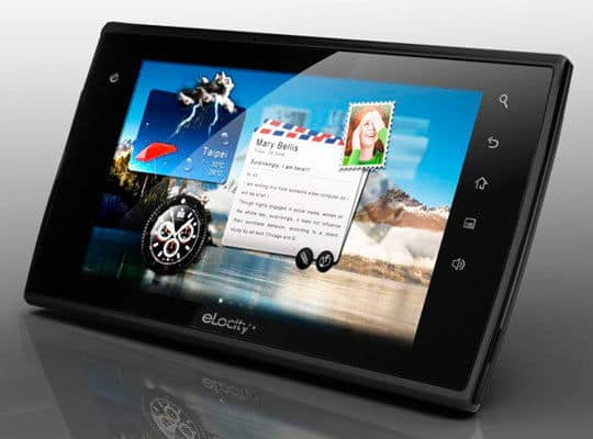 Front view of black eLocity tablet with Taipei weather widget, digital clock, message alert, and right-aligned app icons on screen.