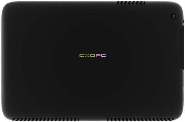 Rear view of black EXOPC tablet showing EXOPC logo centered and small power button on the top right edge.