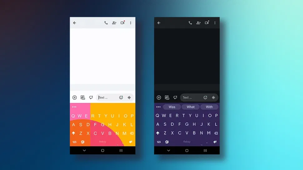 Front view of two smartphones side by side, left with a colorful gradient Android keyboard, right with a dark keyboard in messaging apps.