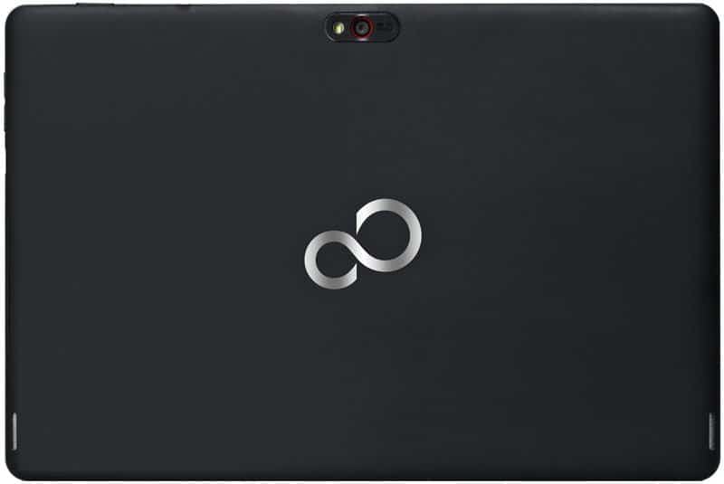 Rear view of black tablet with centered silver infinity logo and top-edge rear camera with flash.