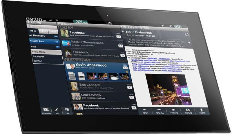 Black tablet, possibly Samsung Galaxy Tab, front angled view showing app columns for email, Facebook, Twitter, and SMS on display.