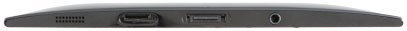 Rear view of a tablet showing ports and connectors including HDMI, USB, headphone jack, and speaker grilles along the edge