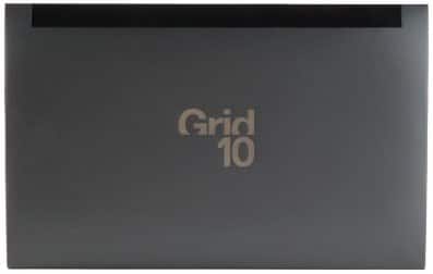Grid 10 tablet shown closed from the top, featuring a dark gray finish with "Grid 10" logo centered on the lid.