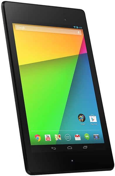 Samsung Galaxy Tab, front angled view, showing Chrome, YouTube, Google Maps, and Play Store icons on a vivid geometric wallpaper.