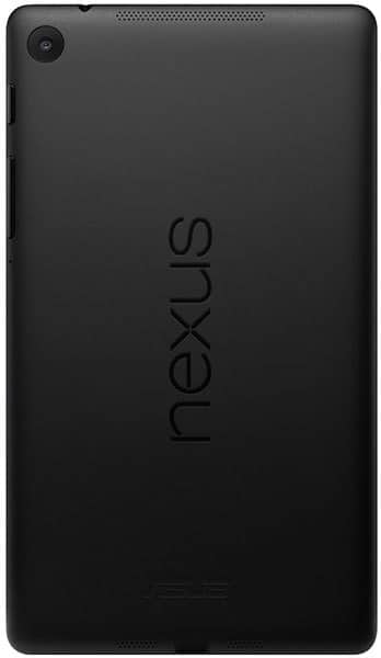 Rear view of black ASUS Nexus tablet with top-left camera, vertical "nexus" branding, and ASUS logo at the bottom.