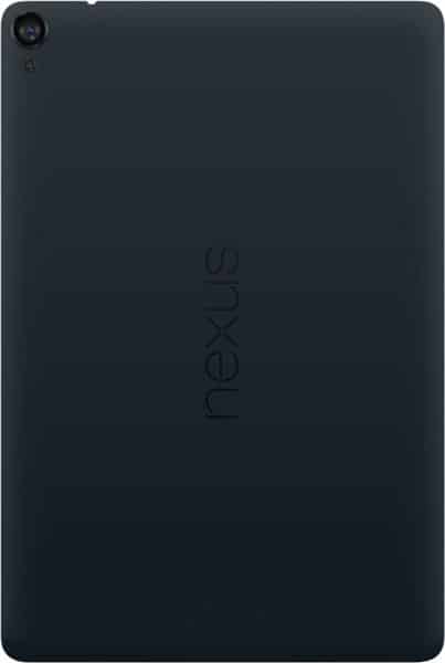 Rear view of a black Google Nexus tablet, with "nexus" branding centered vertically and rear camera in the top left corner.
