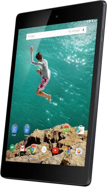 Front view of a black Samsung Galaxy Tab home screen with beach wallpaper and app icons in the bottom dock.