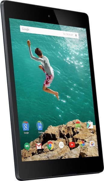 Front view of a black tablet, home screen with turquoise water wallpaper; app icons shown at bottom. Brand/model not specified.