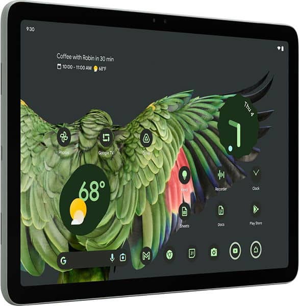 Front view of tablet showing home screen; green parrot wallpaper, 68°F partly cloudy, calendar event at 10–11 AM.