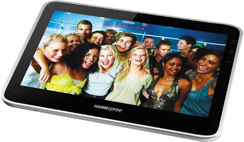 Front view of a Hannspree tablet displaying a group photo, brand name visible below the screen.