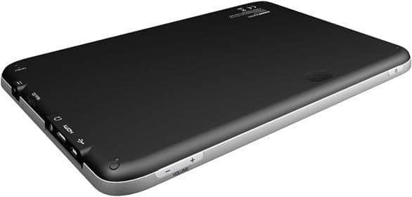 Rear angled view of a black tablet showing ports, buttons, speaker grill, and certification markings on the back panel.