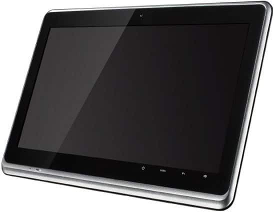 Black tablet, angled front view, large touchscreen off, several bottom bezel buttons, silver edge trim. Brand/model unspecified.
