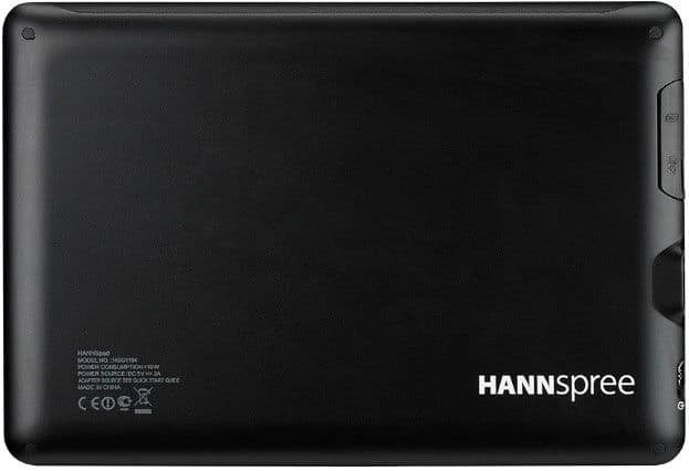 Rear view of Hannspree tablet with logo bottom right, technical details left, side button and microSD slot on the right edge.