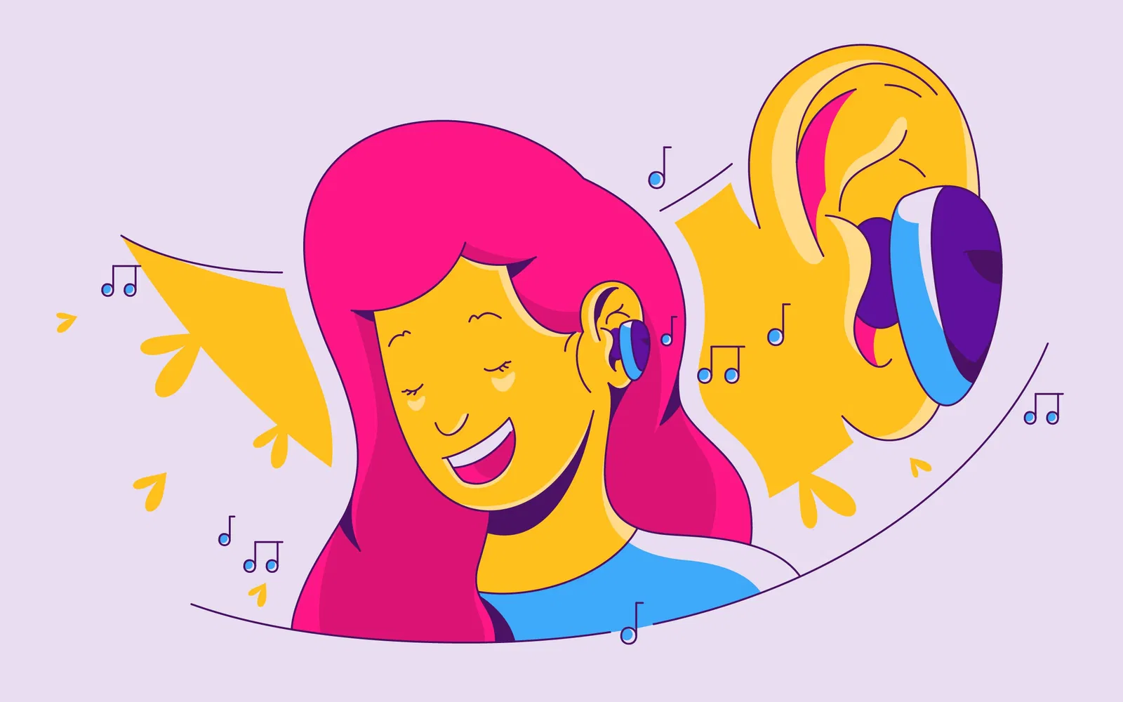 Front view illustration: person with pink hair and hearing aid smiling, ear in over-ear headphones, yellow-pink-blue colors.