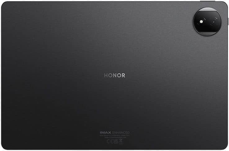 HONOR tablet rear view, dark color, camera at top right, HONOR logo on left; diagonal pixelated zigzag divides the image.