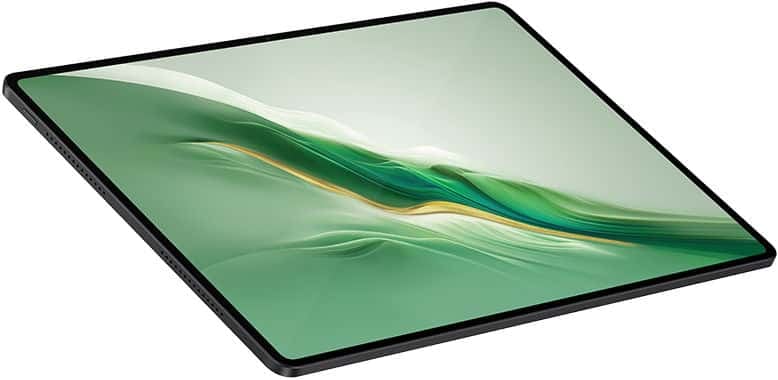 Samsung Galaxy Tab, front angled view lying flat, black frame, screen shows green and yellow abstract wave design.