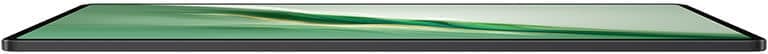 Tablet with black frame, green abstract screen design, shown from a low side angle; brand/model not specified.