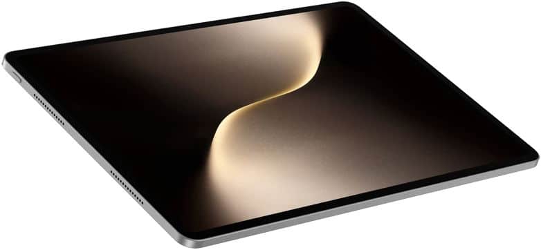 Black iPad Pro with thin bezels and flat edges, shown angled to display screen featuring a gold abstract light design.