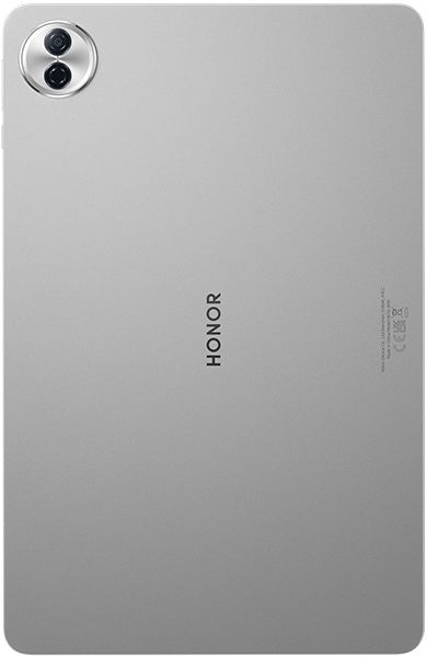 Rear view of a silver tablet with dual cameras in the top left and "HONOR" printed vertically at the center.