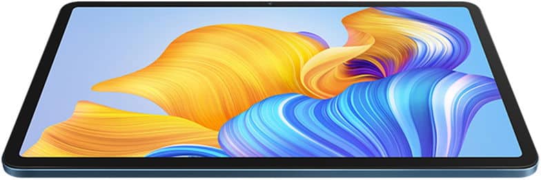 Tablet with black bezel, showing vibrant yellow, orange, and blue abstract wallpaper at a slight side angle. Brand/model unspecified.
