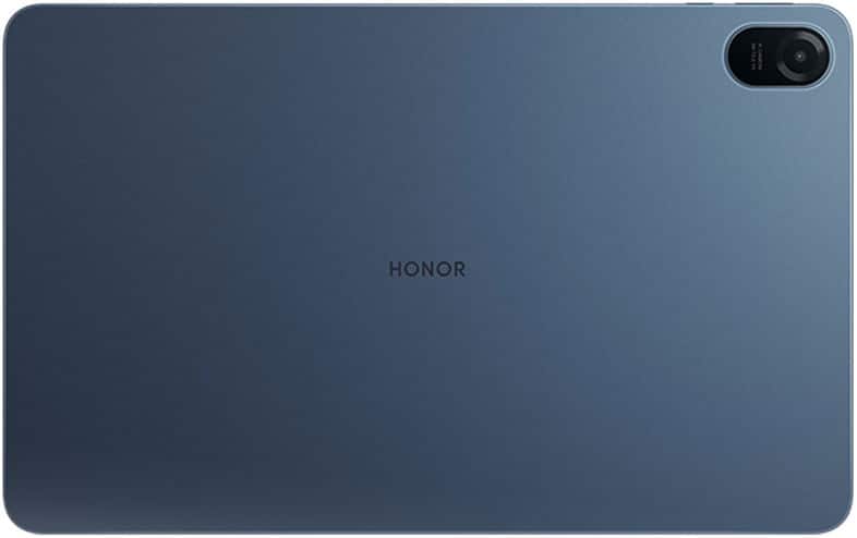Rear view of HONOR tablet in dark blue, minimal design, centered HONOR logo, single top-right camera, no visible buttons or ports.