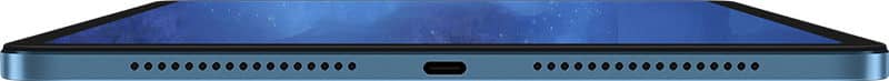 Bottom edge close-up of blue Samsung Galaxy Tab, showing USB-C port centered between dual speaker grills.