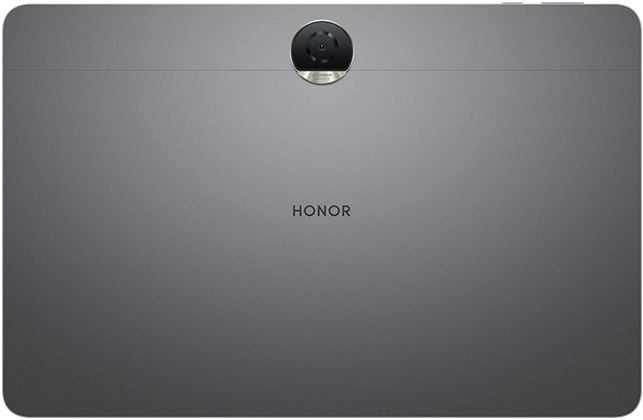 HONOR tablet rear view showing centered round top camera and HONOR branding across the middle of the gray back panel.