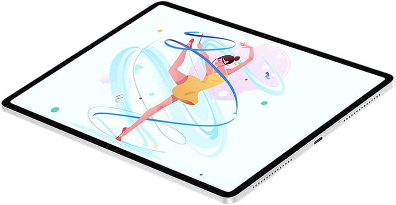 Thin-bezel tablet, angled view, displays gymnast illustration on white; brand/model not visible.