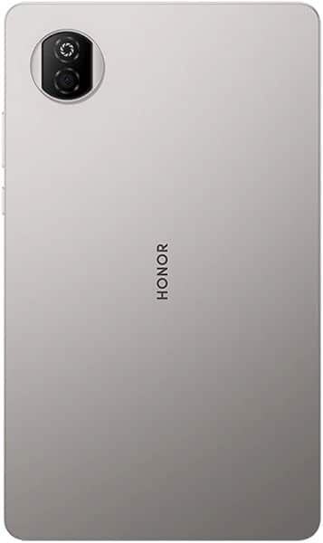 Rear view of silver HONOR tablet with centered logo, single top-left camera, smooth surface, and no visible rear buttons.