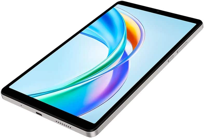Apple iPad with silver frame and thin bezels, front angled view, colorful abstract screen on white background.