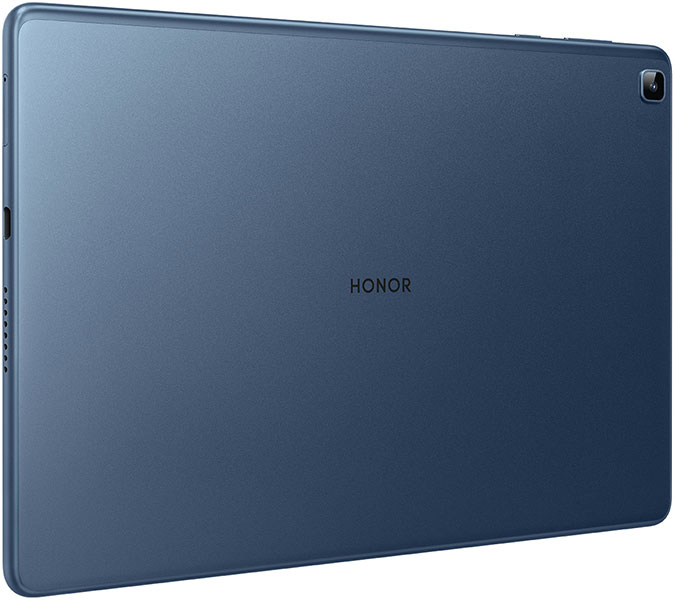 HONOR tablet rear view, blue color, brand logo centered, small camera top right, minimalist design with clean lines.