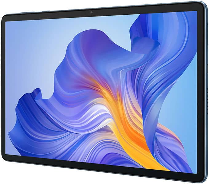 Front view of a thin tablet with slim black bezels, dark frame, and abstract blue, purple, and yellow swirl on display.