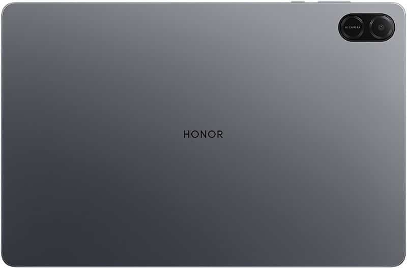 Rear view of gray HONOR tablet, HONOR logo centered, dual rear cameras in top right corner. Model unspecified.
