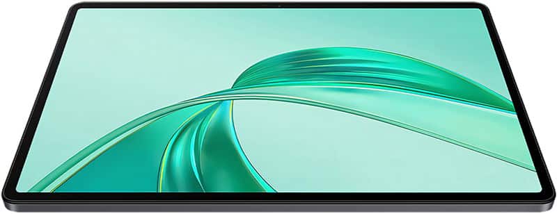 Rectangular tablet with thin black bezel, green abstract display, viewed from low front angle. Brand/model not specified.