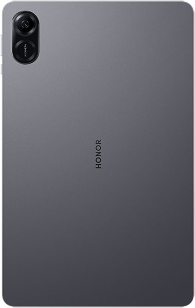 Rear view of gray HONOR tablet with single camera in top left and "HONOR" branding vertically centered on the back.